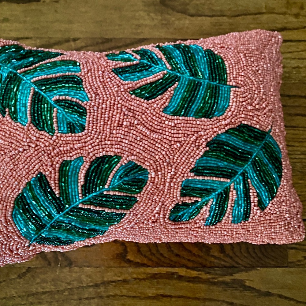 Beaded Throw Pillow. Coral Pink and Green Indian Decor. 10" by 14" Like New